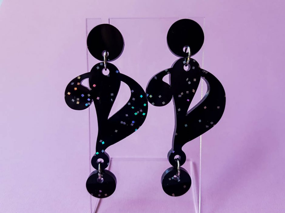 Interrobang Earrings (Black Rainbow Glitter)